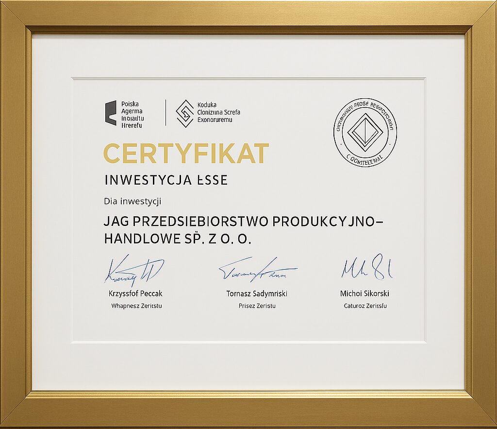 Certyfikat inwestycja esse dla przedsiębiorstwa produkcyjno-handlowego sp. z o.o.