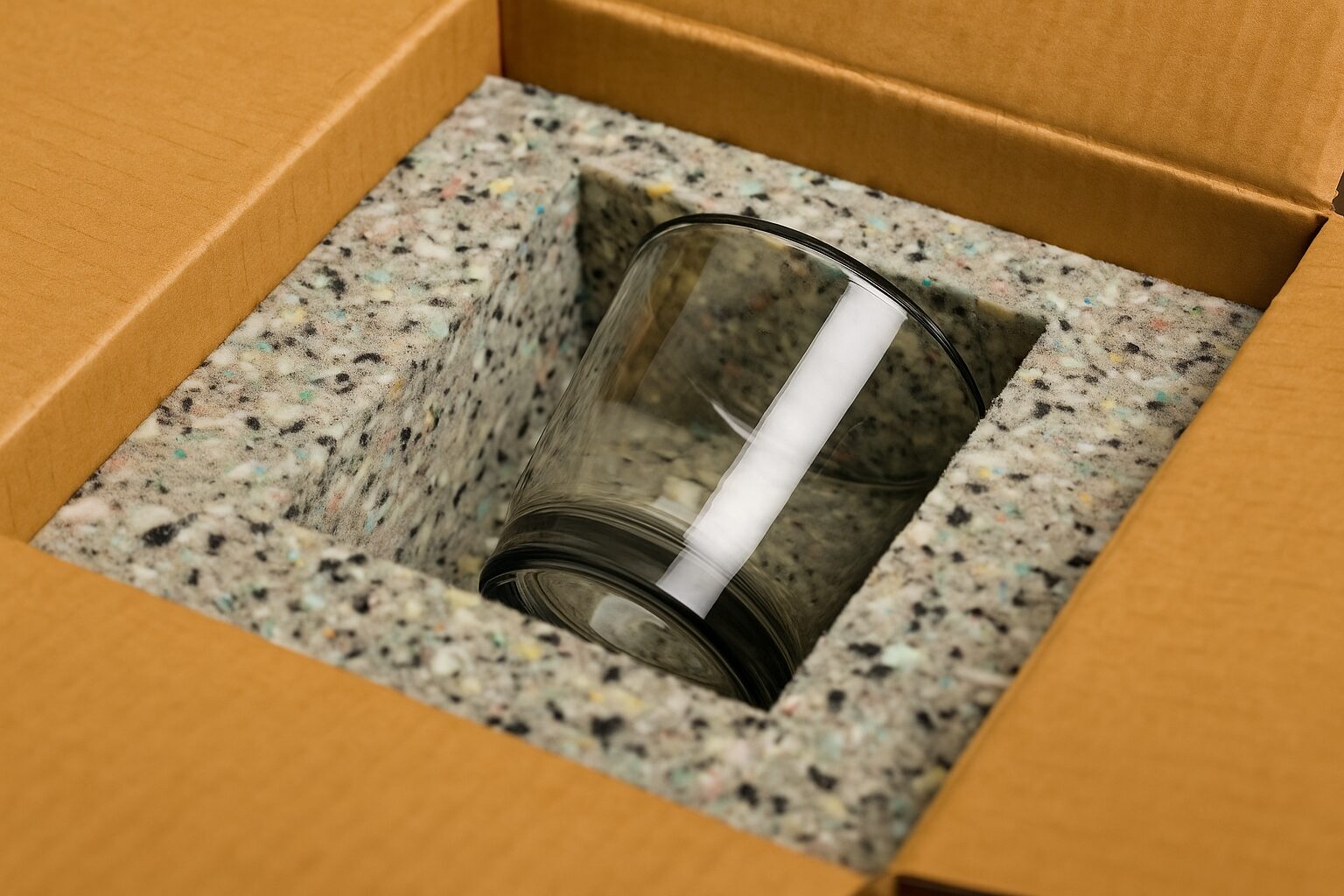 Szklany pojemnik na kamiennym blacie.