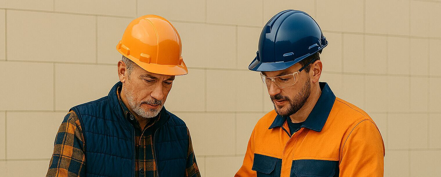 Dwóch robotników w hełmach.'